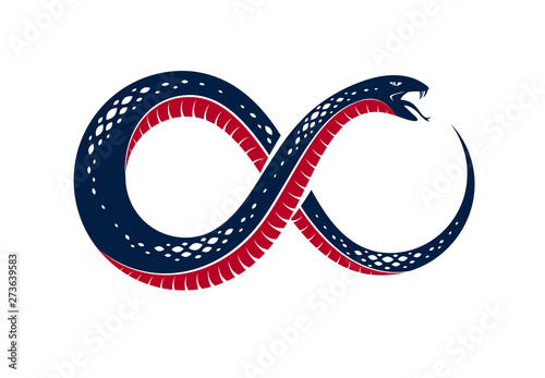 Snake eating its own tale, Uroboros Snake in a shape of infinity symbol, endless cycle of life and death, Ouroboros ancient symbol vector illustration logo, emblem or tattoo.