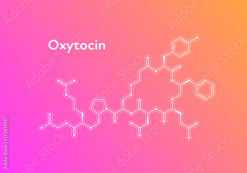Vector hormones gradient banner template. Oxytocin structure on pink to orange background. Hormone assosiated with bonding, addiction, pain, anxiety. Design for science, education, presentation.