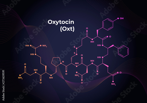 Vector hormones blend banner template. Oxytocin structure on in modern gradient 3d background with wave lines. Hormone assosiated with bonding, addiction, pain, anxiety. Scientific modern concept.