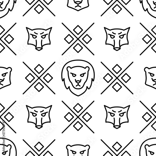 Linear seamless pattern with wild wolves and lions Vector line illustration