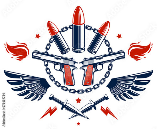 Revolution and War vector emblem with bullets and guns, logo or tattoo with lots of different design elements, riot partisan warrior, criminal and anarchist style, social tension theme.