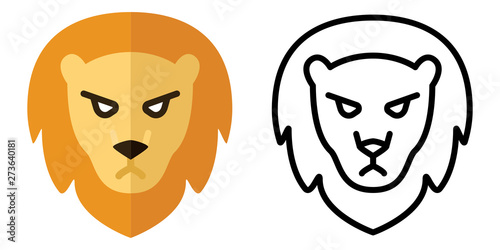 Set of icons - logos in linear and flat style. The head of a lion. Vector illustration