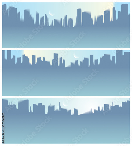 Wide panorama city skyscrapers silhouettes skyline vector illustrations set. Perfect minimal backgrounds with copy space for text.