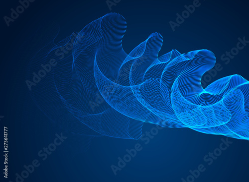 Dynamic magic particles wave flowing over dark, transparent tulle textile on wind. Dotted curves vector abstract background. Beautiful 3d wave shaped array of blended points.