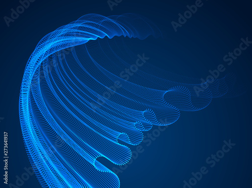 3d magic particles mesh array over dark, sound wave flowing, transparent tulle textile on wind. Round points vector effect illustration. Blended mesh, calming relaxing wallpaper.