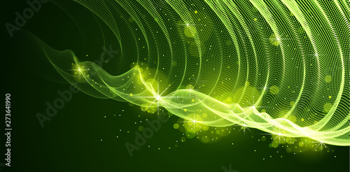 Vector abstract background with magic wave of flowing particles over dark, smooth curve shape lines, transparent tulle textile on wind. 3d shape dots magic blended mesh.