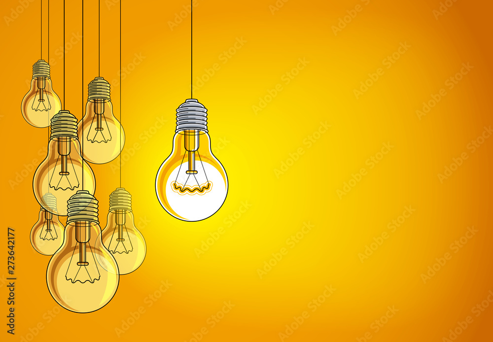 Idea concept light bulbs vector illustration with single one is shining, think different, creativity, be special, leadership. Composition with copy space for text. Idea concept light bulbs vector illustration with single one is shining, think different, creativity, be special, leadership. Composition with copy space for text.