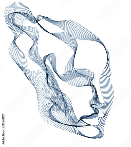 Digital soul of machine, Artificial Intelligence software visualization of human head made of dotted particles flowing wave lines array. Technical era period of evolution.