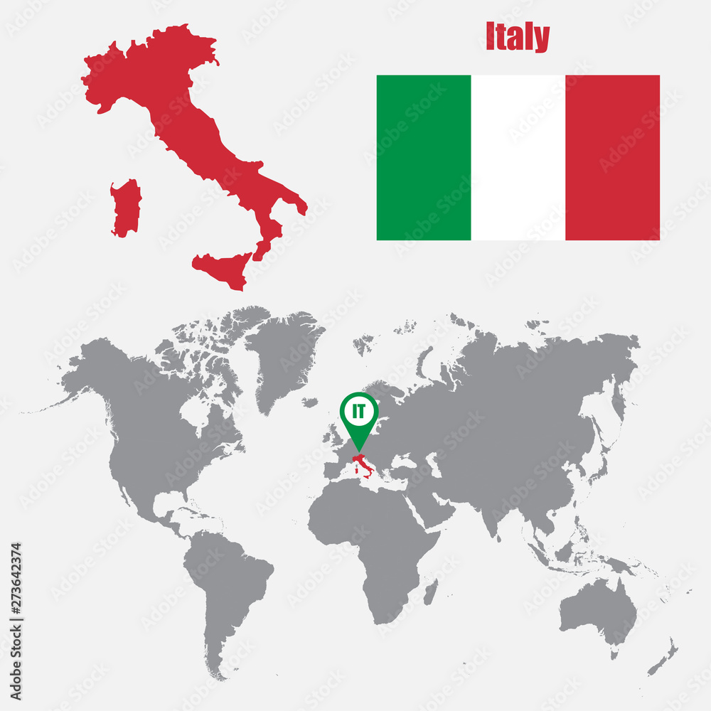Italy map on a world map with flag and map pointer. Vector illustration