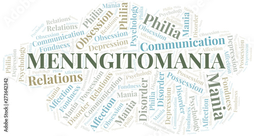 Meningitomania word cloud. Type of mania, made with text only.