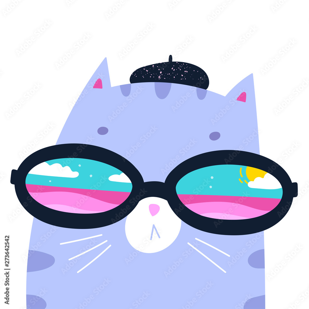Obraz Summer mood. Cool blue cat with big ellipse shaped sunglasses. Reflection of the cloudy sky and ocean in the glasses. Hand drawn vector trendy illustration. Cartoon style. Flat design