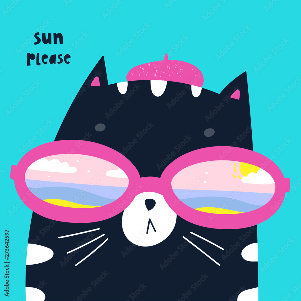 Obraz Sun please. Cool black cat with big ellipse shaped sunglasses. Reflection of the cloudy sky and ocean in the glasses. Hand drawn vector trendy illustration. Cartoon style. Flat design