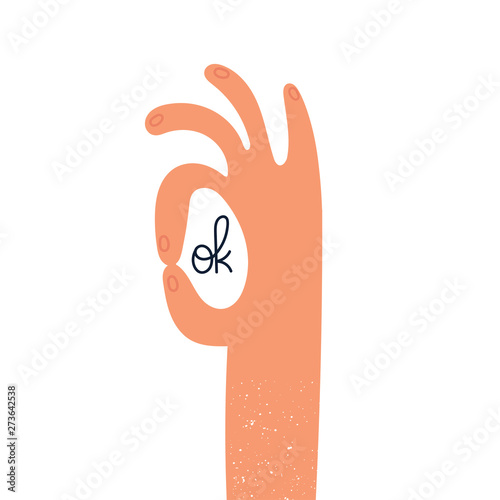 Cartoon style hand showing an ok sign. Ok gesture. Hand drawn vector trendy illustration. Flat design