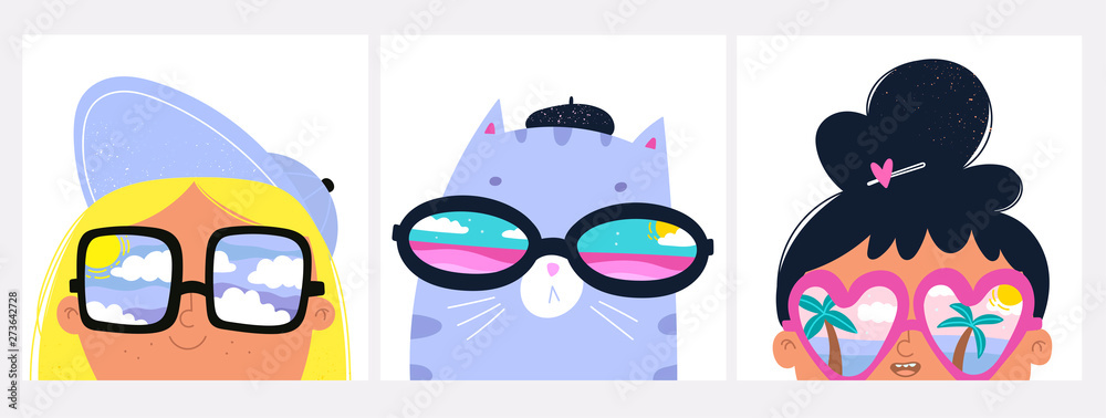 Obraz Summer mood. Set of cards with cat and girls with big sunglasses. Different reflections in glasses: cloudy sky, palms and ocean. Hand drawn vector trendy illustrations. Cartoon style. Flat design