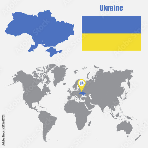 Ukraine map on a world map with flag and map pointer. Vector illustration