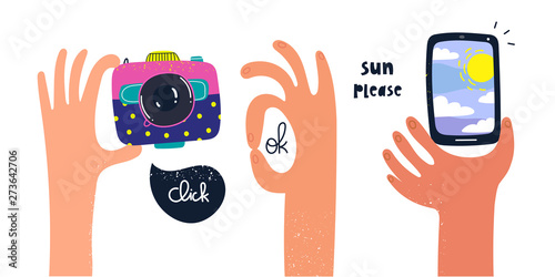 Set of cartoon style hands holding a photo camera and smartphone. Ok sign. Hand drawn vector trendy illustration. Flat design. All elements are isolated