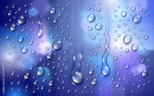 Water rain drops or condensation over blurred background beyond the window realistic transparent 3d vector illustration, easy to put over any background or use droplets separately.