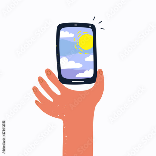 Cartoon style hand holding a smartphone. Selfie pov. Reflection of the sun and clouds in the screen. Hand drawn vector trendy illustration. Flat design