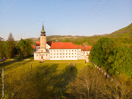 Aerial view of Cistercian monastery Kostanjevica na Krki, homely appointed as Castle Kostanjevica, Slovenia, Europe. photo