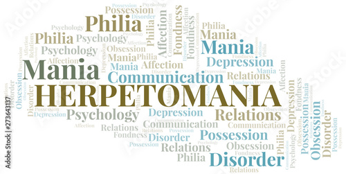 Herpetomania word cloud. Type of mania, made with text only.