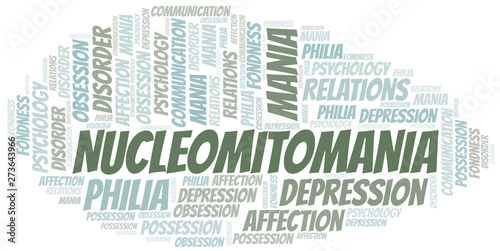 Nucleomitomania word cloud. Type of mania, made with text only.