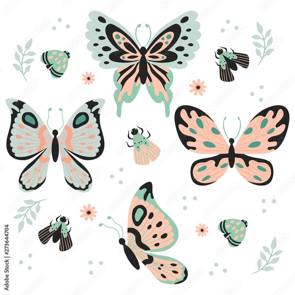 Hand drawn Butterflies, insect, flowers and plant Seamless Pattern isolated on white Background - Vector Illustration Hand drawn Butterflies, insect, flowers and plant Seamless Pattern isolated on white Background - Vector Illustration