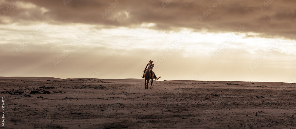 Female riding her stallion at the sea shore Female riding her stallion at the sea shore