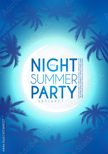 Tropic night summer party design template. Palms on a beach with light effects.