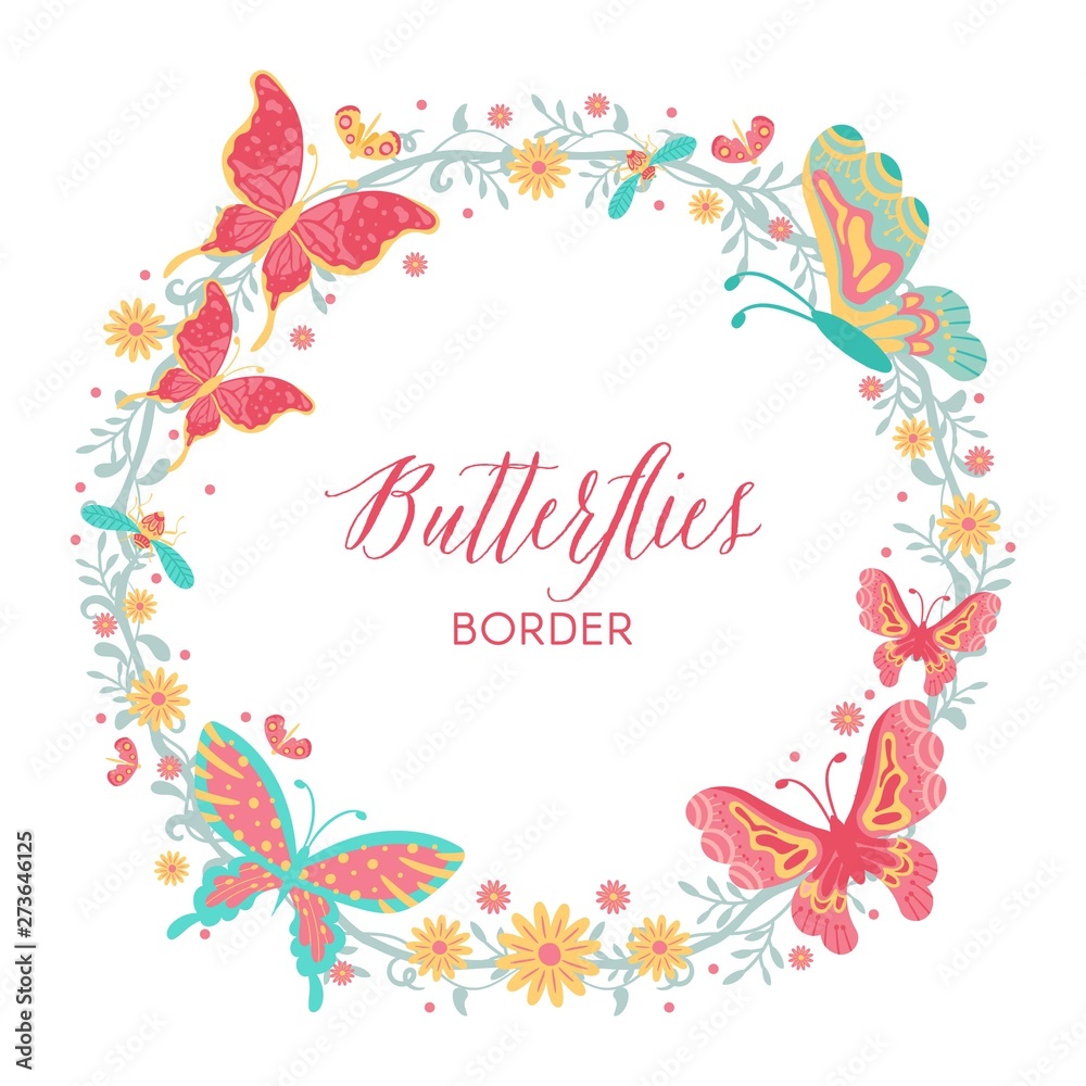 Hand drawn Butterflies, insect, flowers and plant Wreath Border isolated on white Background - Vector Illustration