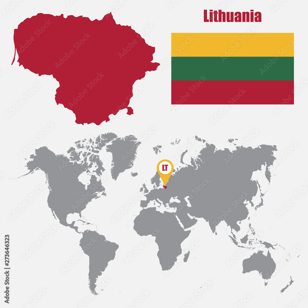 Lithuania map on a world map with flag and map pointer. Vector illustration