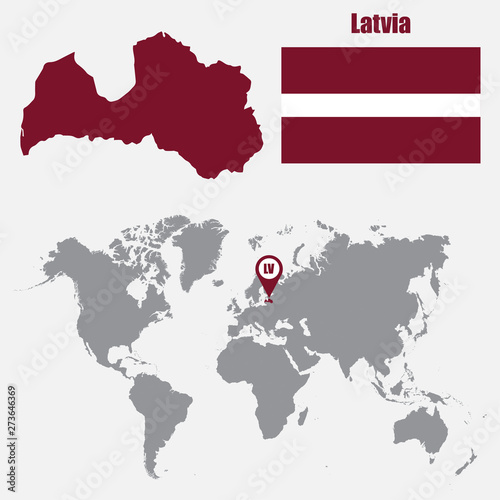 Latvia map on a world map with flag and map pointer. Vector illustration