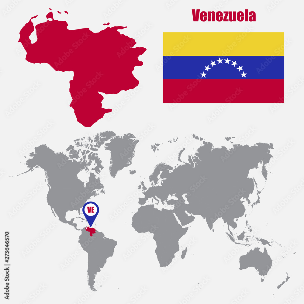 Venezuela map on a world map with flag and map pointer. Vector illustration