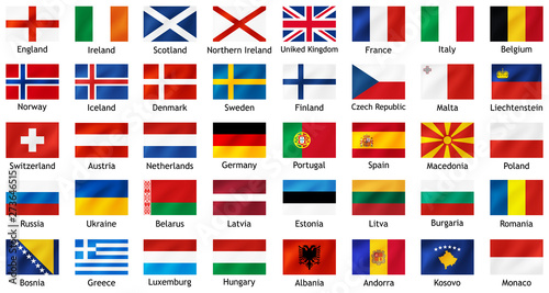 National flags of european countries with titles. Set of vector icons illustration for national events, travel and holidays.