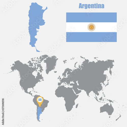 Argentina map on a world map with flag and map pointer. Vector illustration