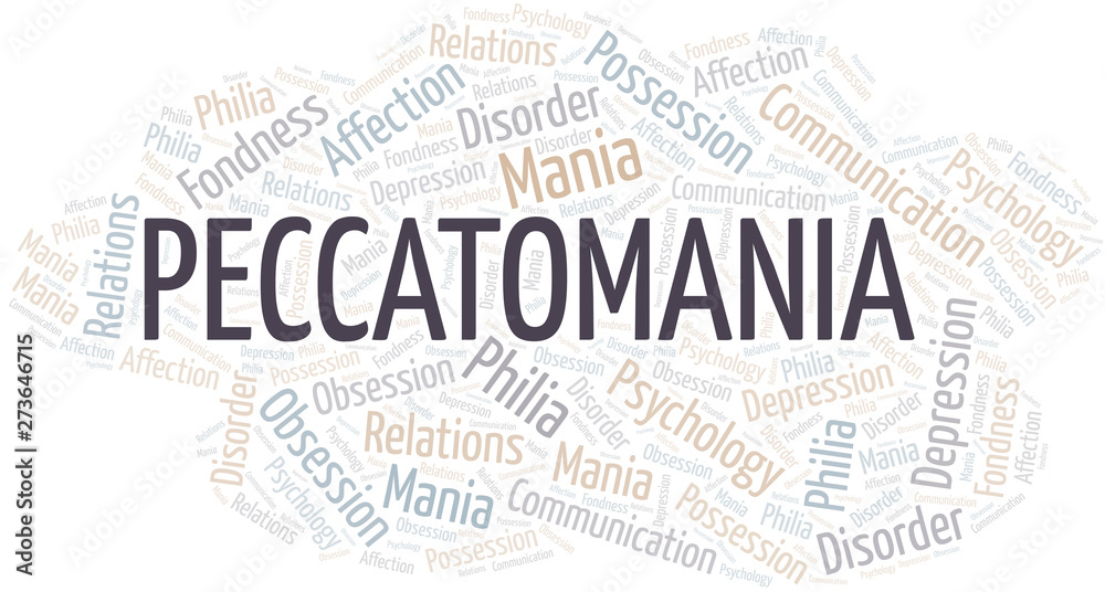 Peccatomania word cloud. Type of mania, made with text only.