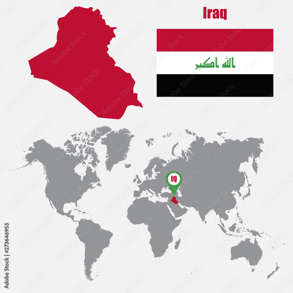 Obraz premium Iraq map on a world map with flag and map pointer. Vector illustration