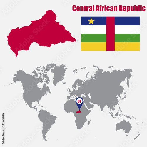 Central African Republic map on a world map with flag and map pointer. Vector illustration