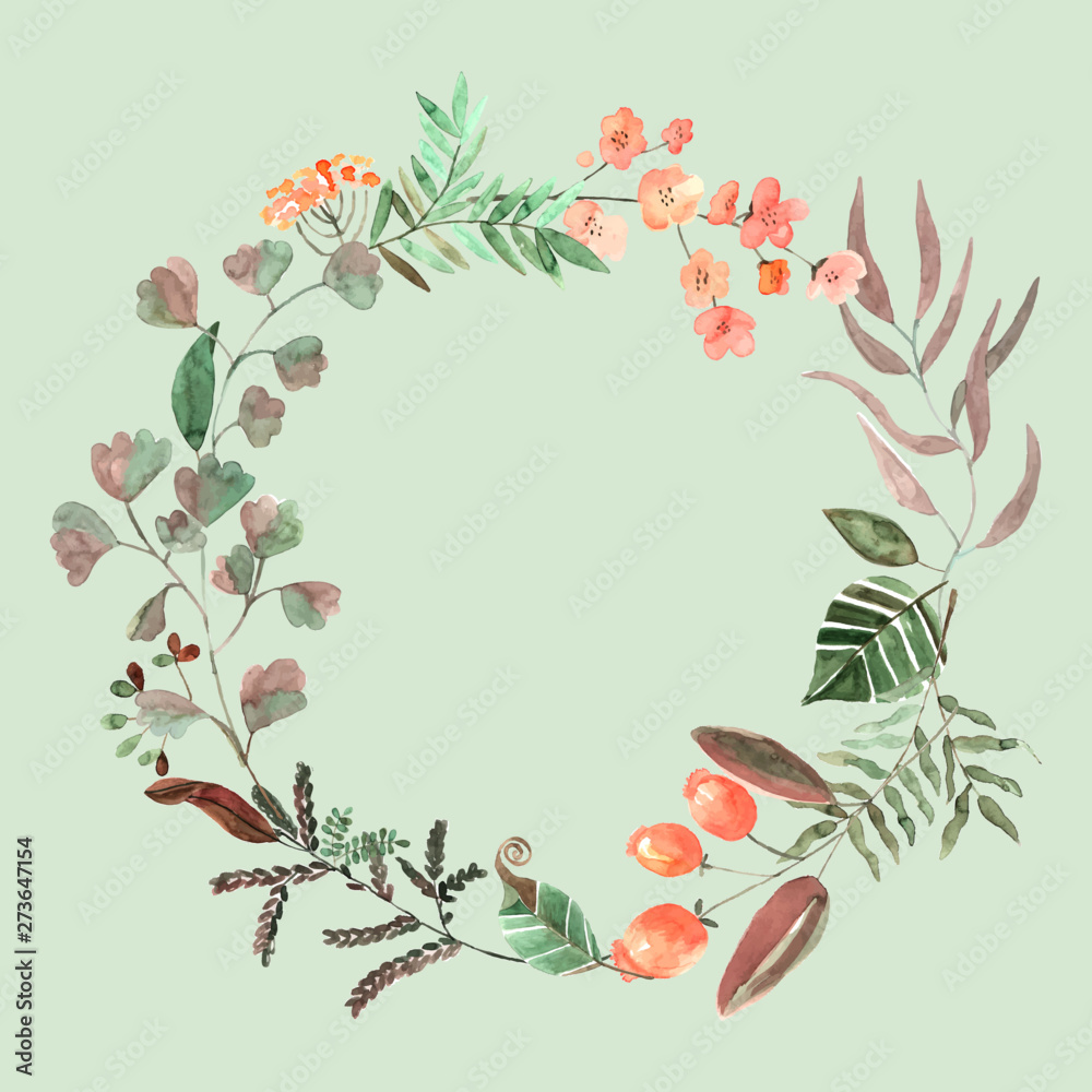 Fototapeta premium Romantic floral frame of leaves in watercolor