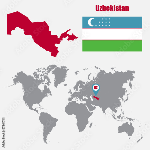 Uzbekistan map on a world map with flag and map pointer. Vector illustration