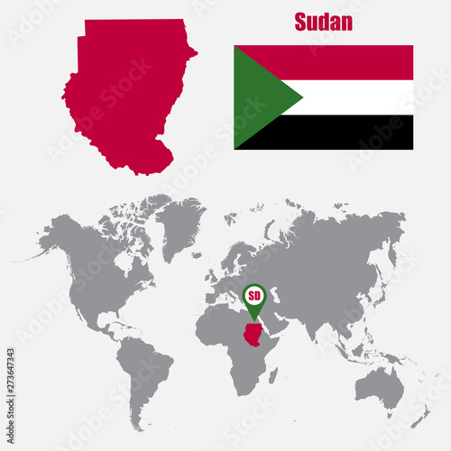 Sudan map on a world map with flag and map pointer. Vector illustration