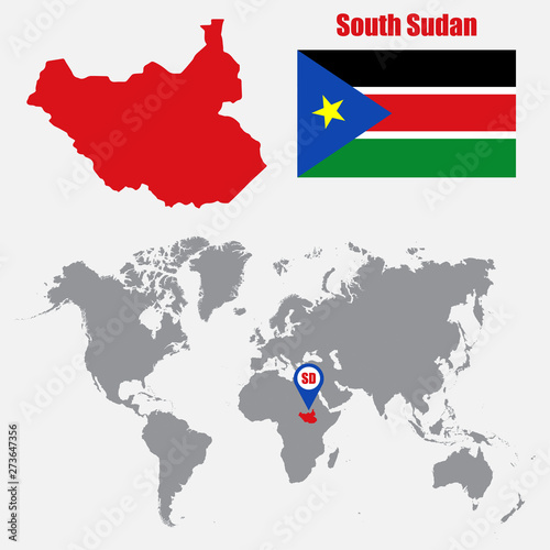 South Sudan map on a world map with flag and map pointer. Vector illustration