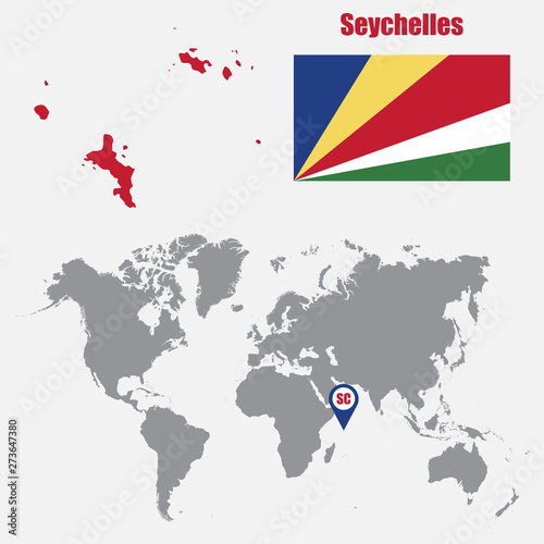 Seychelles map on a world map with flag and map pointer. Vector illustration