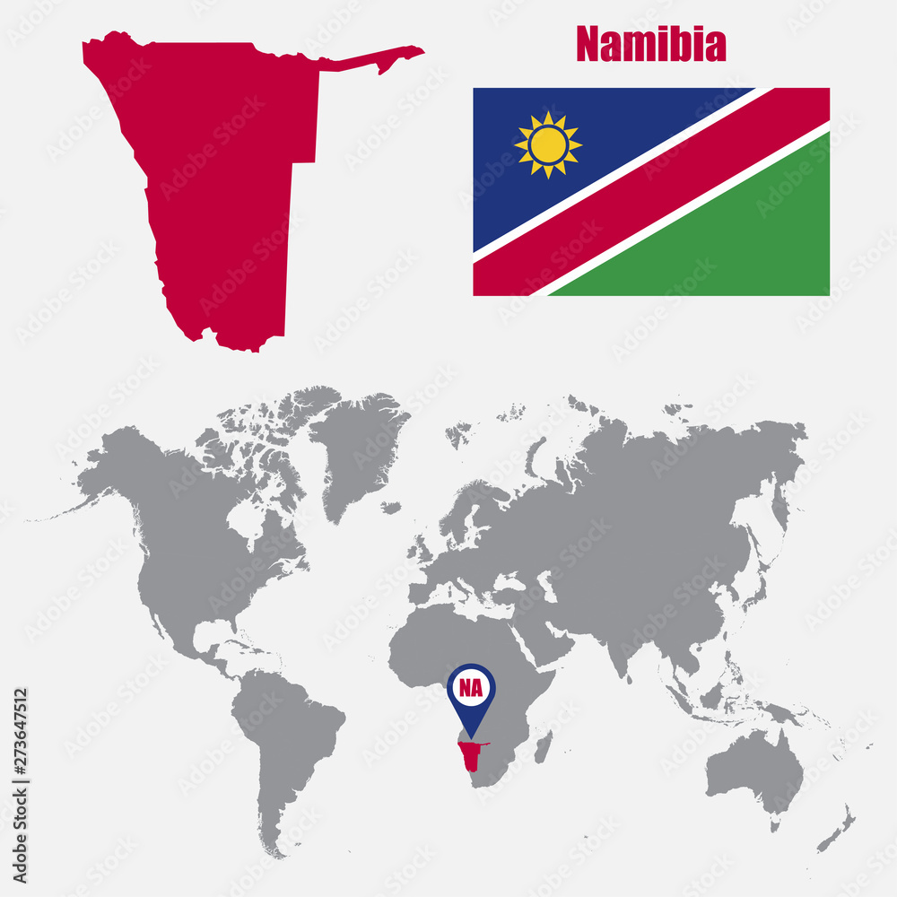 Obraz premium Namibia map on a world map with flag and map pointer. Vector illustration