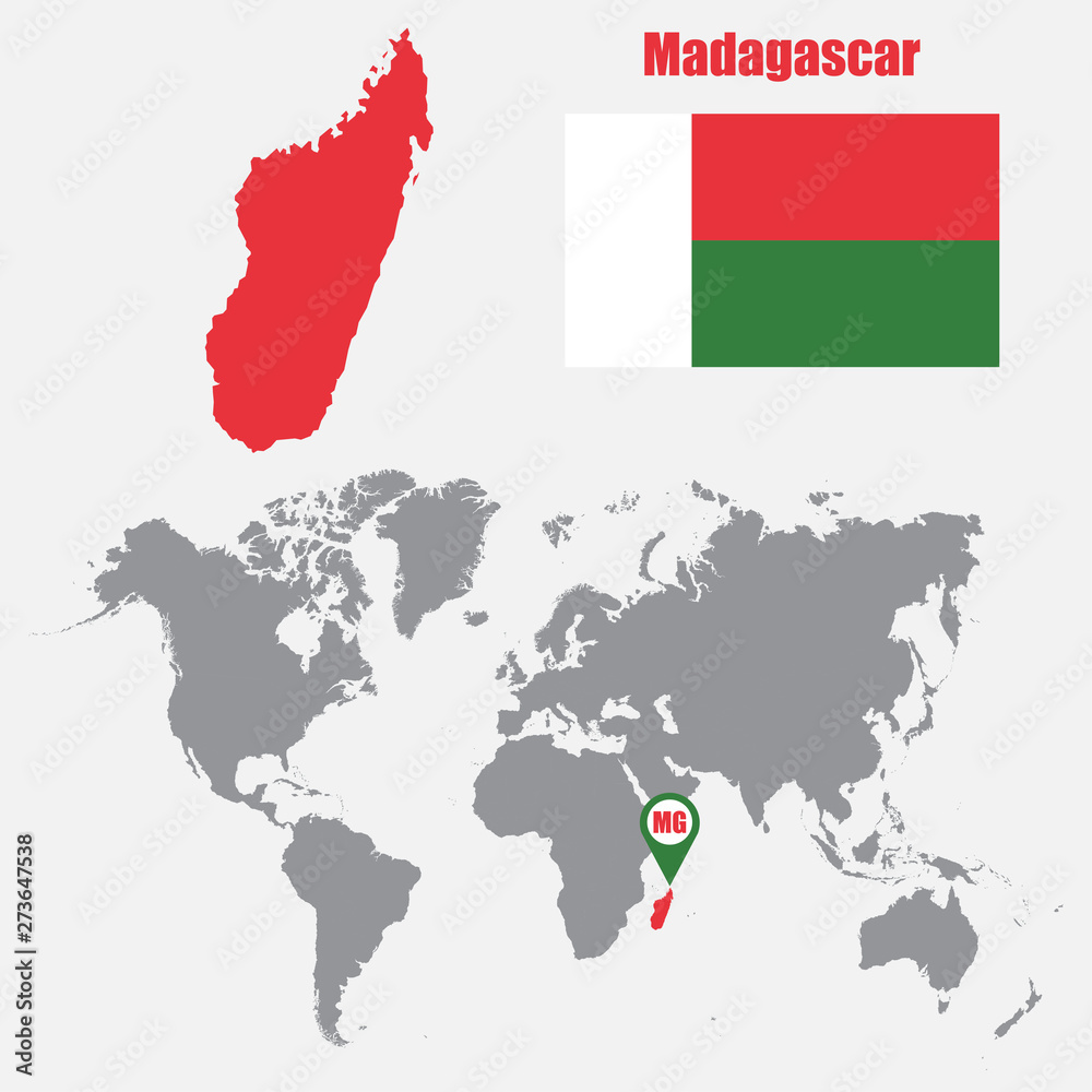 Fototapeta premium Madagascar map on a world map with flag and map pointer. Vector illustration