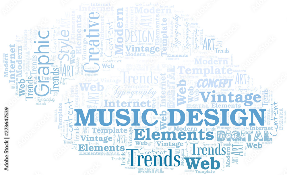 Music Design word cloud. Wordcloud made with text only.