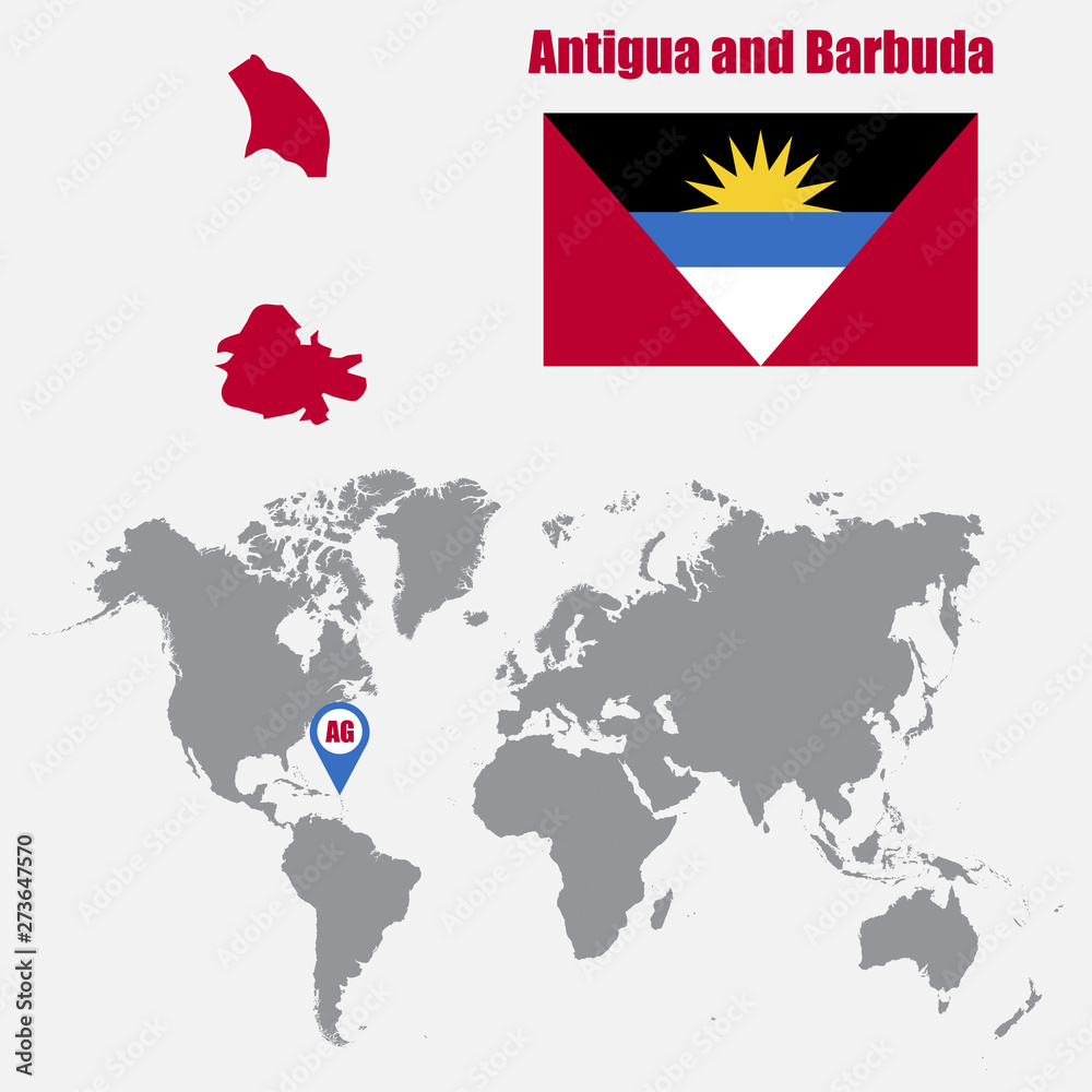 Antigua and Barbuda map on a world map with flag and map pointer. Vector illustration