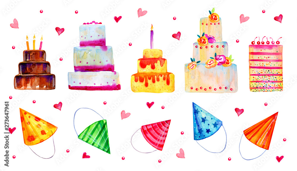 Hand drawn cartoon cakes and party hats. Set of stylized birthday elements.  Watercolor sketch illustration