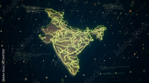 The futuristic high-tech video with a map of the India glowing in different colors while danger icon signs flash all over the country.
