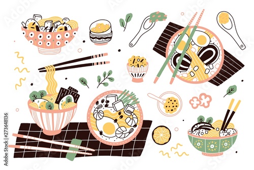 Bundle of ramen in bowls and chopsticks. Set of traditional Chinese or Japanese meal with noodles and broth. Collection of tasty Asian soup or stew, delicious food. Flat cartoon vector illustration.