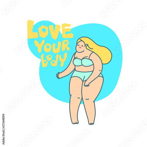 Concept of bodypositive. Beautiful woman dressed in swimsuit